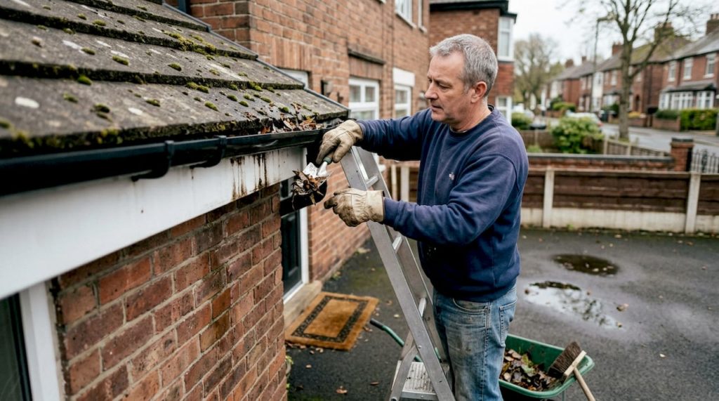 Homeowner cleaning gutters to protect property