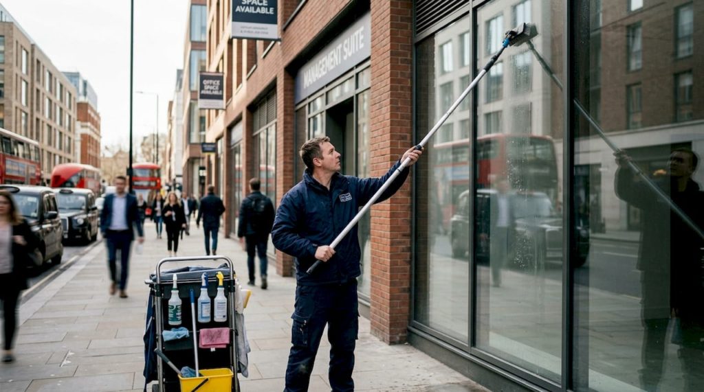 Window cleaner works on city office windows