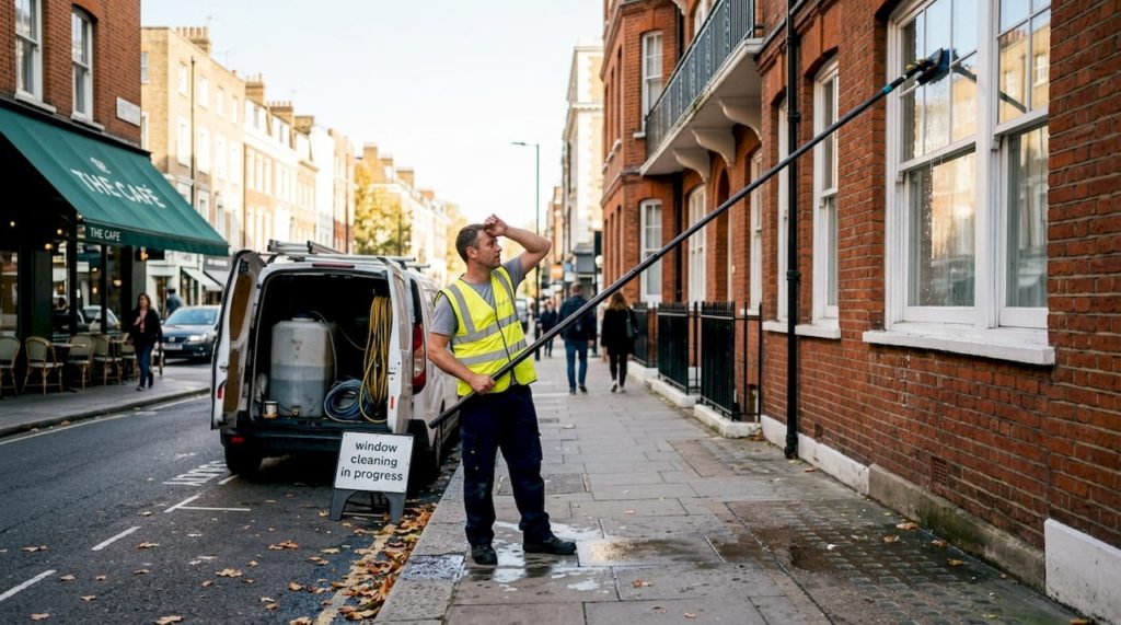 Window cleaner using water-fed pole in city