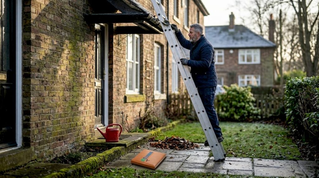 Homeowner inspecting gutters of UK house in winter