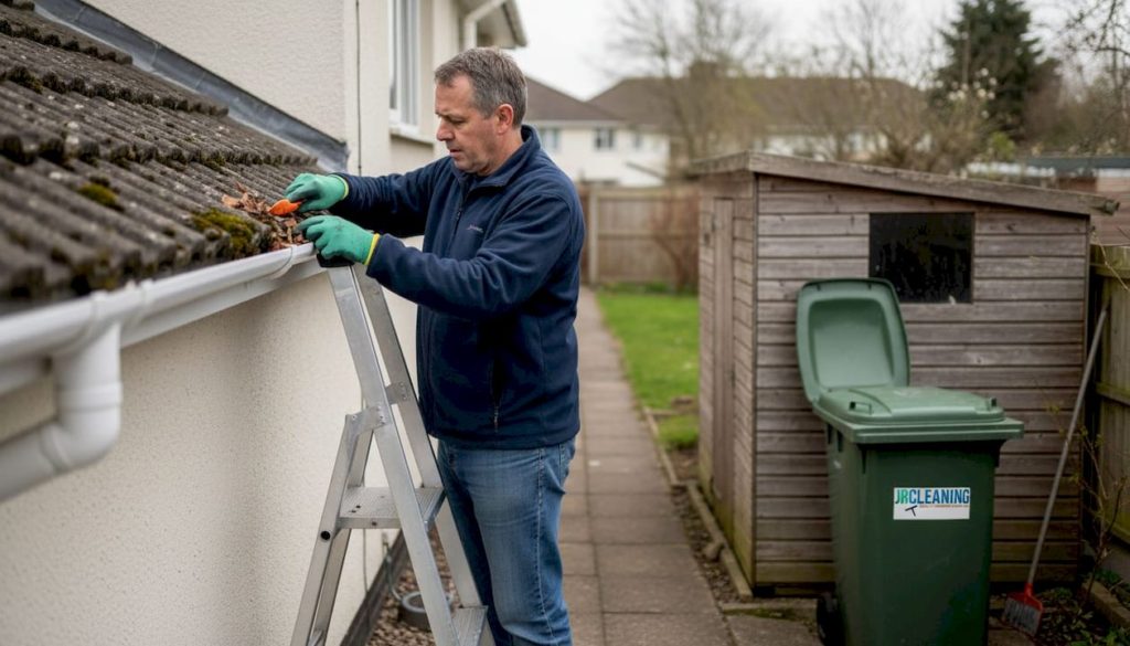 Homeowner cleaning gutters on UK house ladder