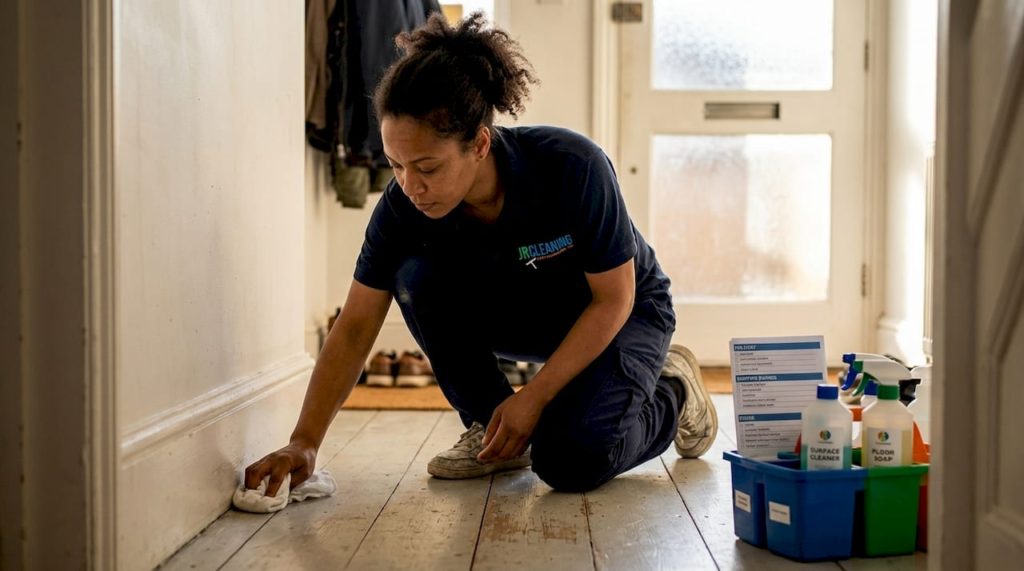 Cleaner scrubbing skirting board in UK home