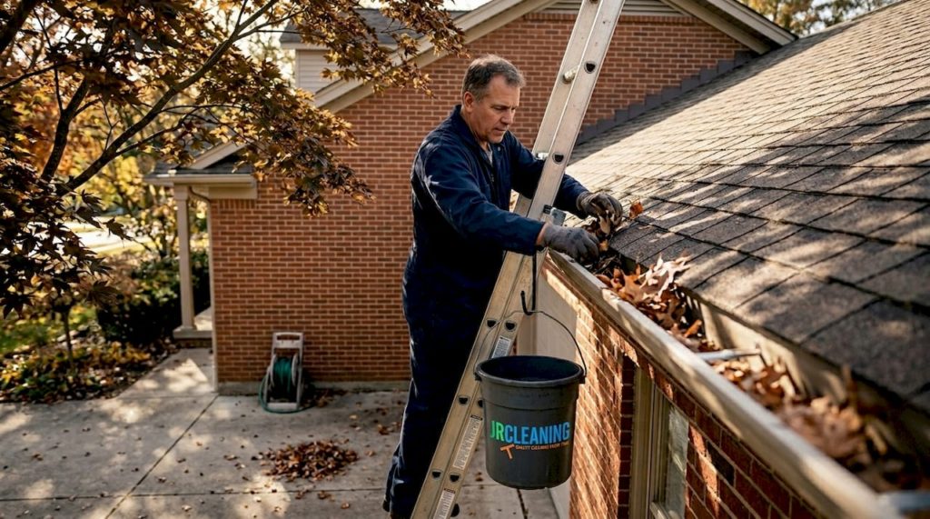 Worker cleaning leaves from house gutter