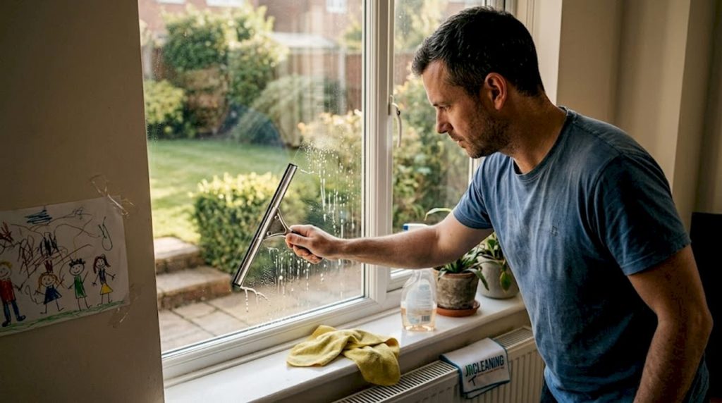 Man cleaning window with squeegee and cloth
