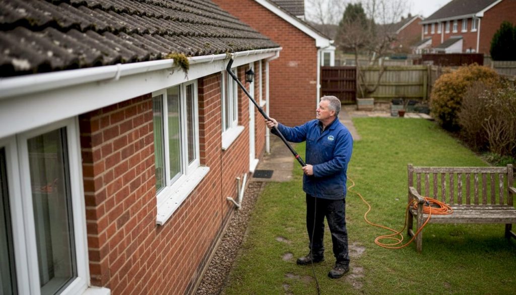 Man cleaning house gutter with vacuum pole