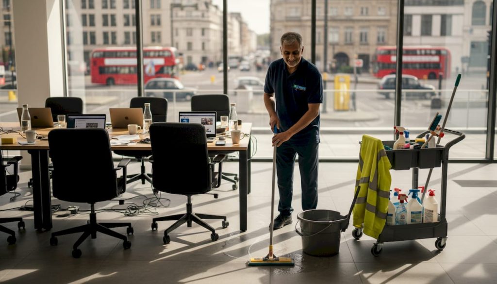 Cleaner mopping floor in open UK office