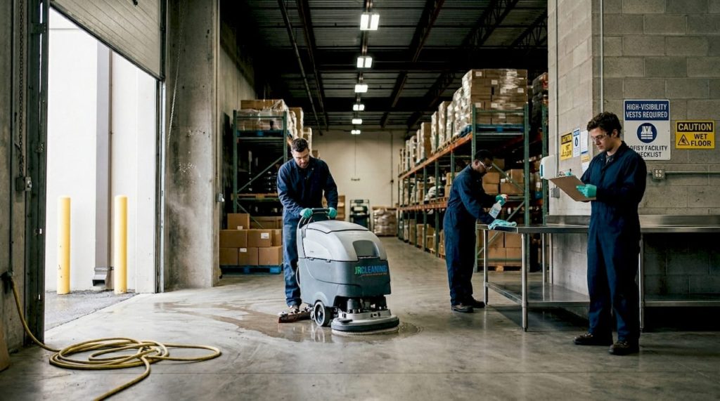 Industrial cleaning crew at work in warehouse