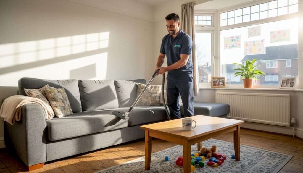 Cleaner vacuuming sofa in bright family room