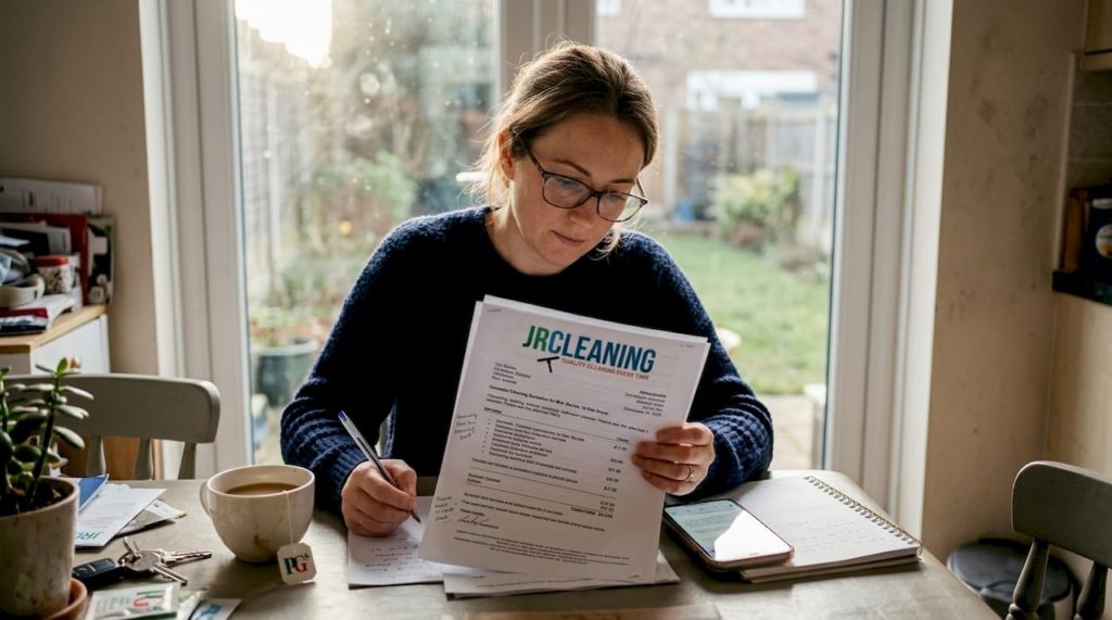 Woman reviewing itemised cleaning quote at table