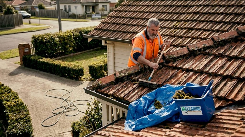 Professionally cleaning mossy Victorian tiled roof
