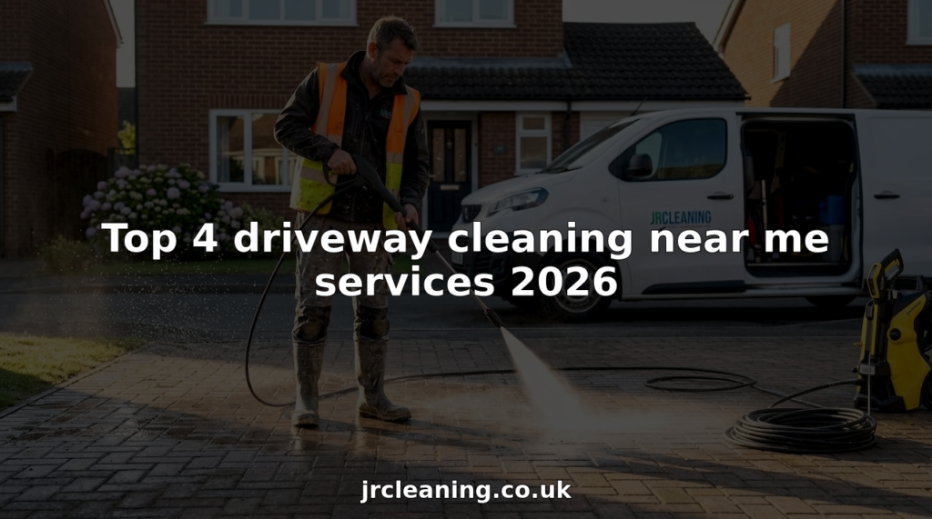 Technician pressure washing driveway in residential area