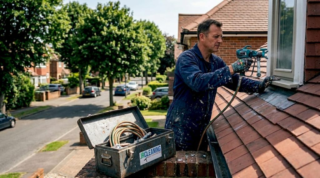Painter spray painting house roof in neighborhood
