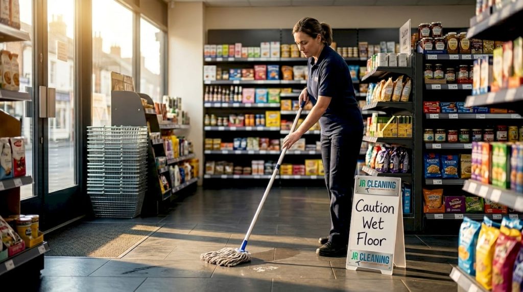 Retail cleaner working in sunlit store aisle