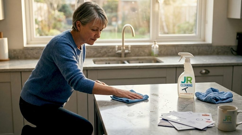 Homeowner carefully cleaning stone kitchen surface