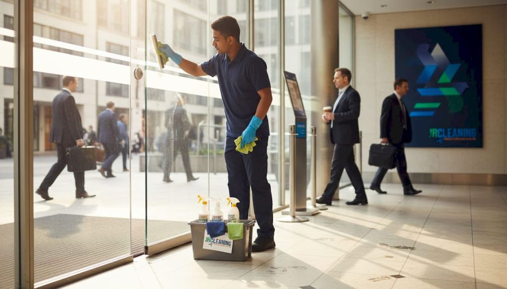 Cleaner wiping glass door in sunny office lobby