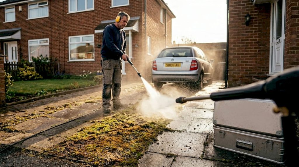 Homeowner pressure washing UK driveway