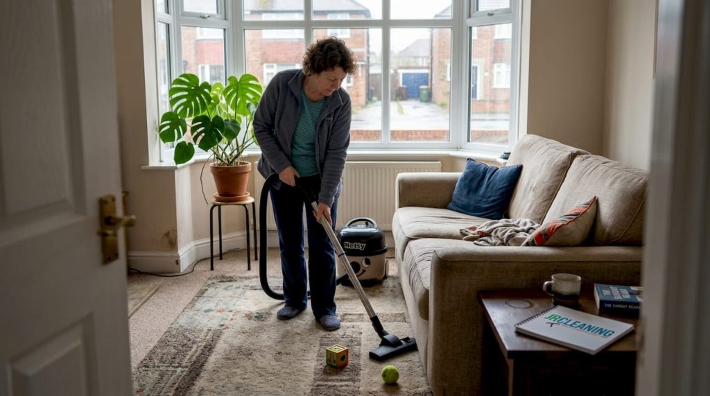Woman vacuuming home lounge with everyday clutter