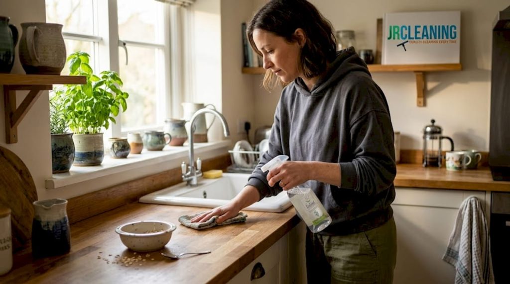 Woman cleaning UK kitchen with eco products