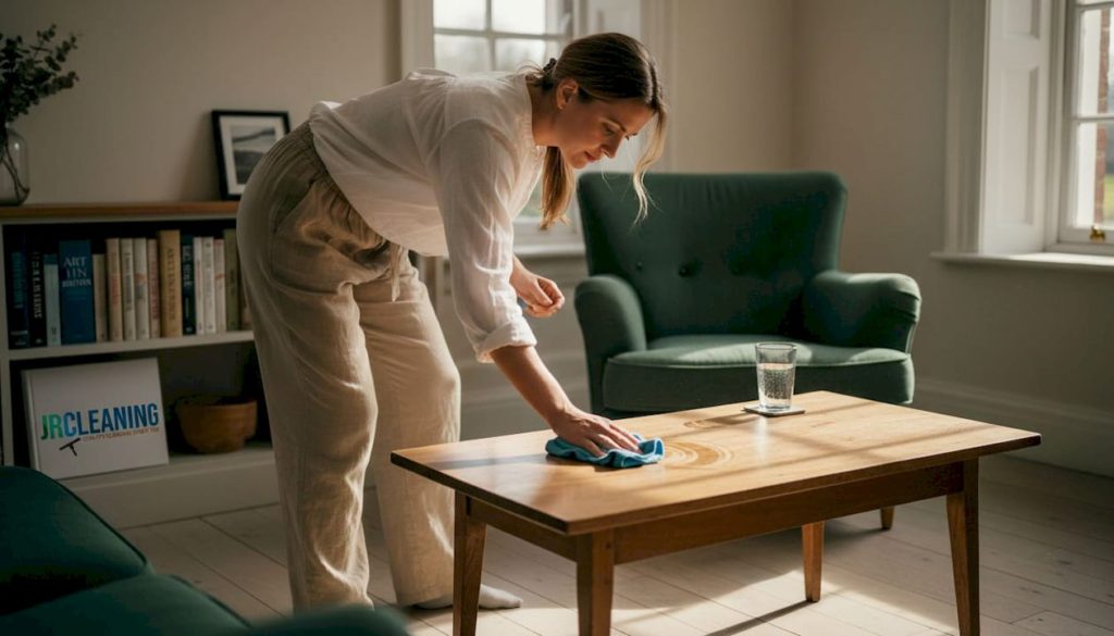 Woman cleaning coffee table in living room