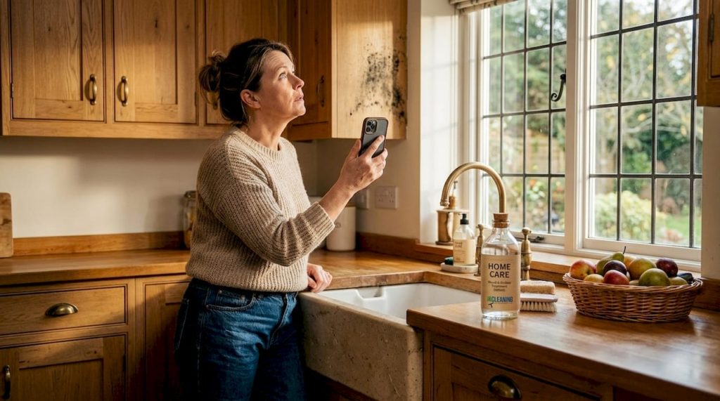 Woman photographing mould patch in kitchen