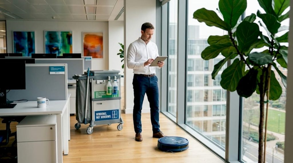 Manager observes robot cleaner in open office
