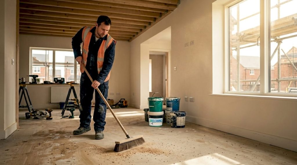 Cleaner sweeping hallway in unfinished UK building