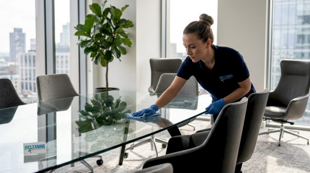 Cleaner wiping office table in corporate workspace