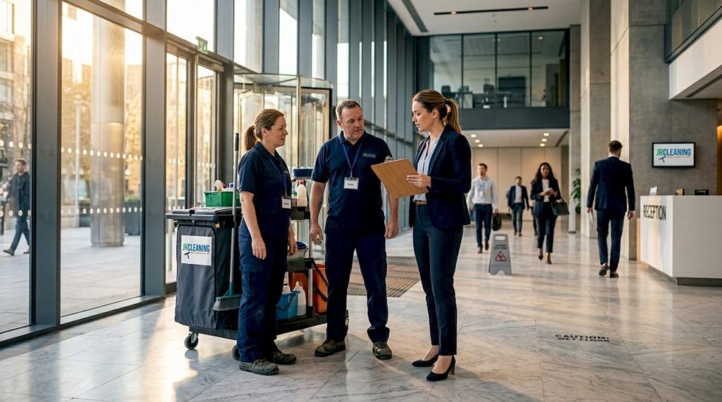 Facilities manager reviewing cleaners credentials in lobby