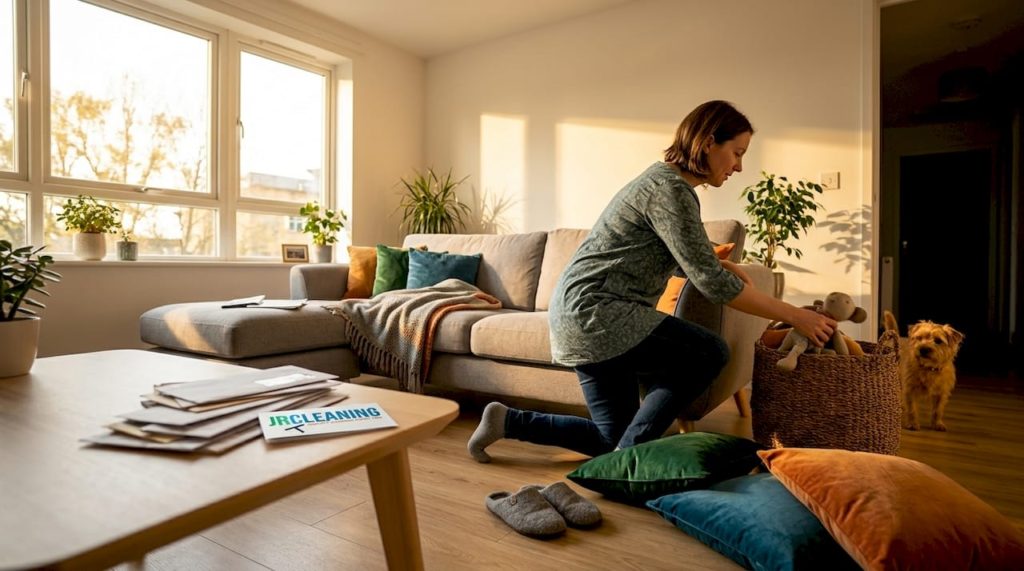Woman kneels to put toys in a basket in a sunlit living room; a small dog watches near the doorway.