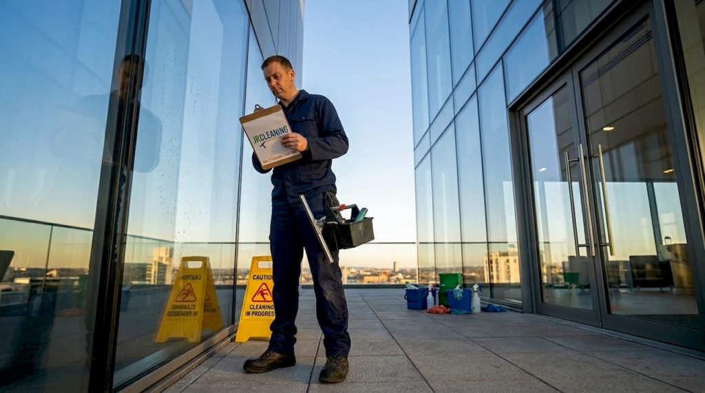 Commercial window cleaner inspects glass building