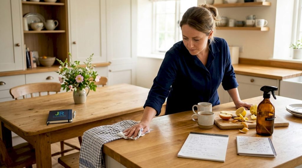Cleaner wiping down kitchen counter during deep clean