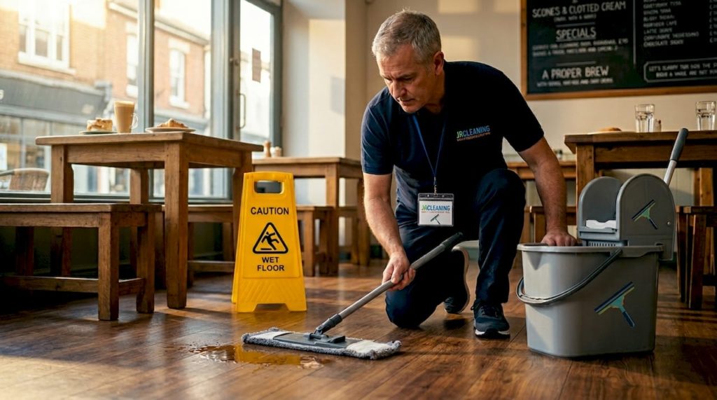 Janitor cleaning office floor with caution sign
