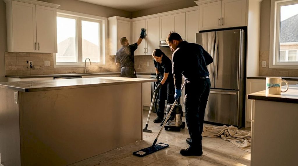 Cleaners working after construction in kitchen