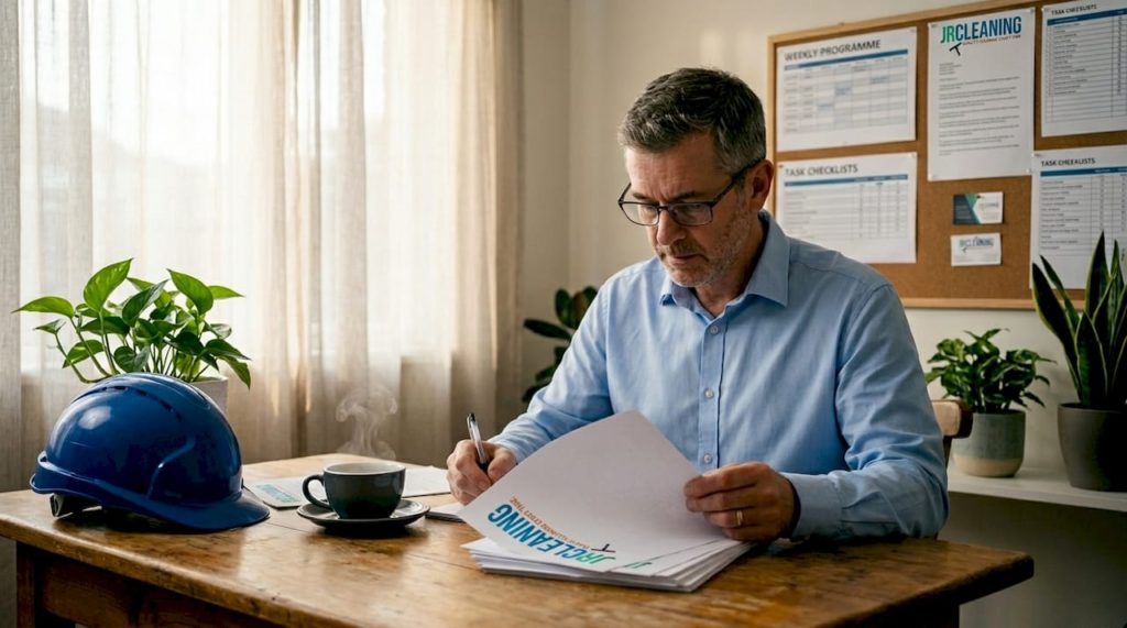 Facility manager reviewing maintenance reports at desk