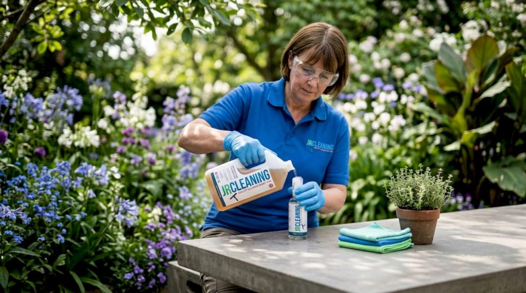 Person preparing cleaning solution safely in kitchen