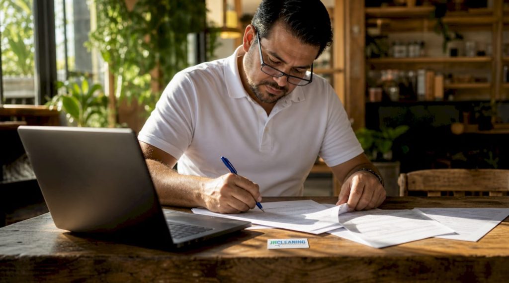 Cleaning company owner reviewing insurance papers