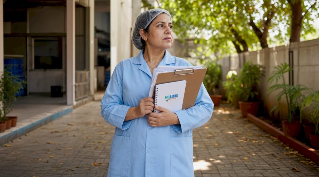 Quality manager reviewing cleaning checklist in facility
